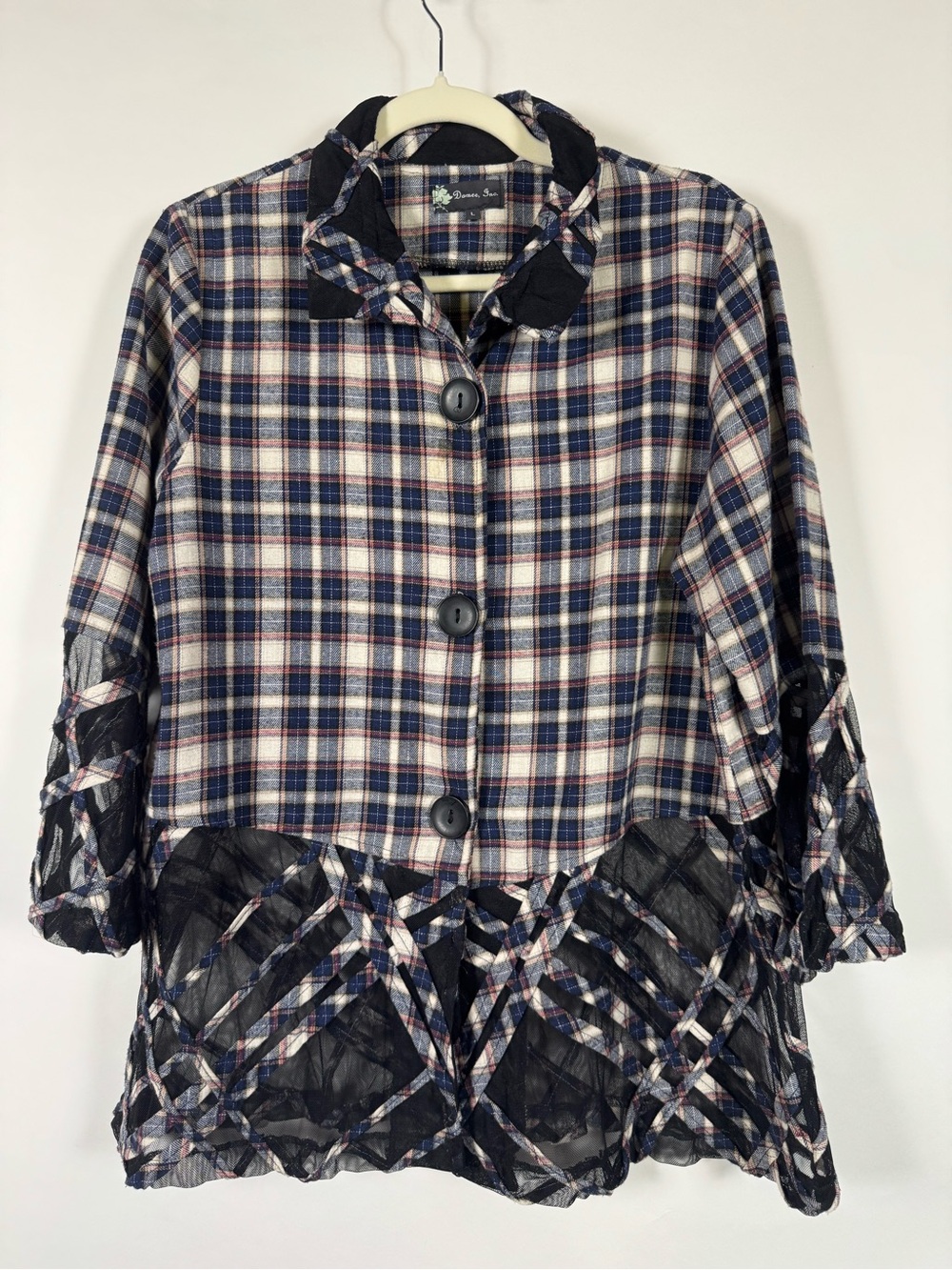Damee Plaid Mesh Ruffle Jacket L Artsy Lagenlook Eclectic Avant Garde Layering